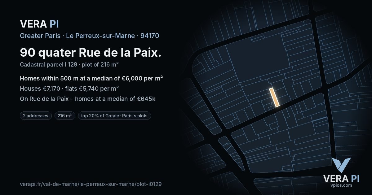 90 quater Rue de la Paix, Le Perreux-sur-Marne at night – the plot lit, the parcels around coloured by the prices near them