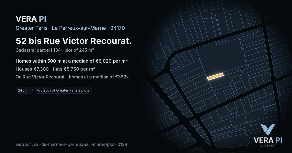 52 bis Rue Victor Recourat, Le Perreux-sur-Marne at night – the plot lit, the parcels around coloured by the prices near them