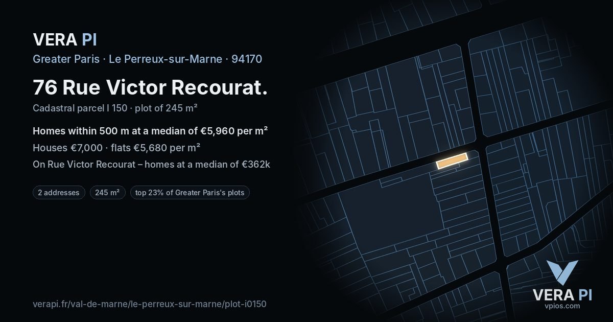 76 Rue Victor Recourat, Le Perreux-sur-Marne at night – the plot lit, the parcels around coloured by the prices near them
