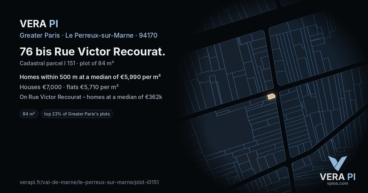 76 bis Rue Victor Recourat, Le Perreux-sur-Marne at night – the plot lit, the parcels around coloured by the prices near them