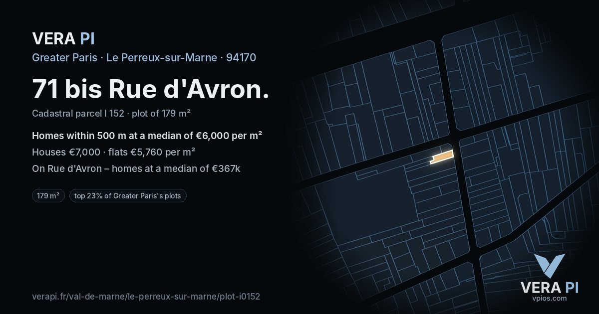 71 bis Rue d'Avron, Le Perreux-sur-Marne at night – the plot lit, the parcels around coloured by the prices near them