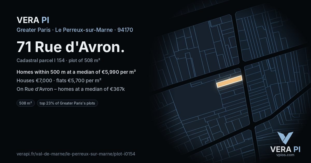71 Rue d'Avron, Le Perreux-sur-Marne at night – the plot lit, the parcels around coloured by the prices near them