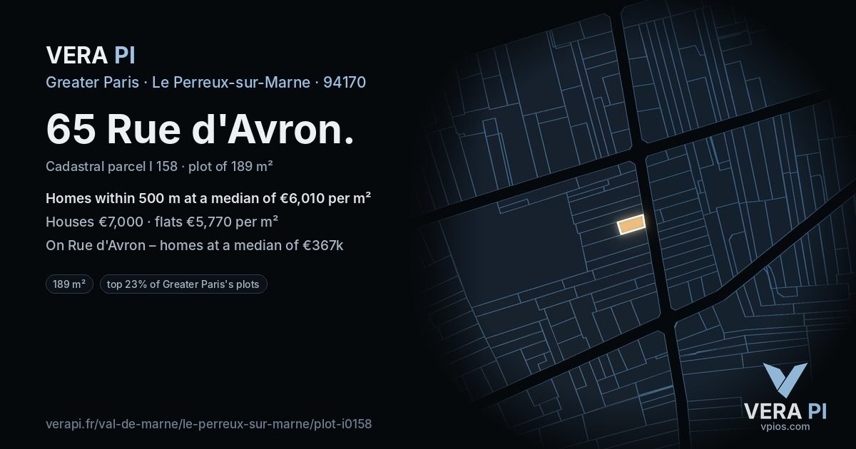 65 Rue d'Avron, Le Perreux-sur-Marne at night – the plot lit, the parcels around coloured by the prices near them