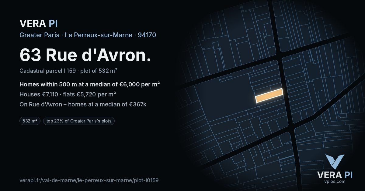 63 Rue d'Avron, Le Perreux-sur-Marne at night – the plot lit, the parcels around coloured by the prices near them