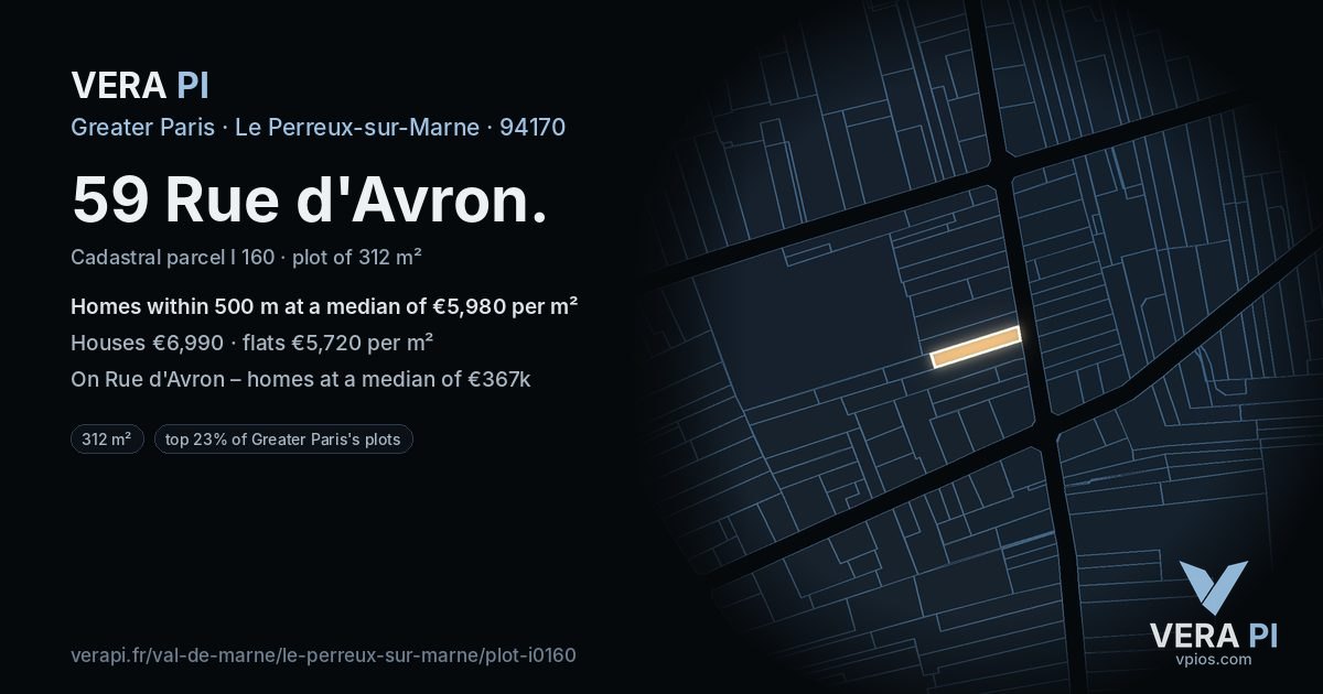 59 Rue d'Avron, Le Perreux-sur-Marne at night – the plot lit, the parcels around coloured by the prices near them