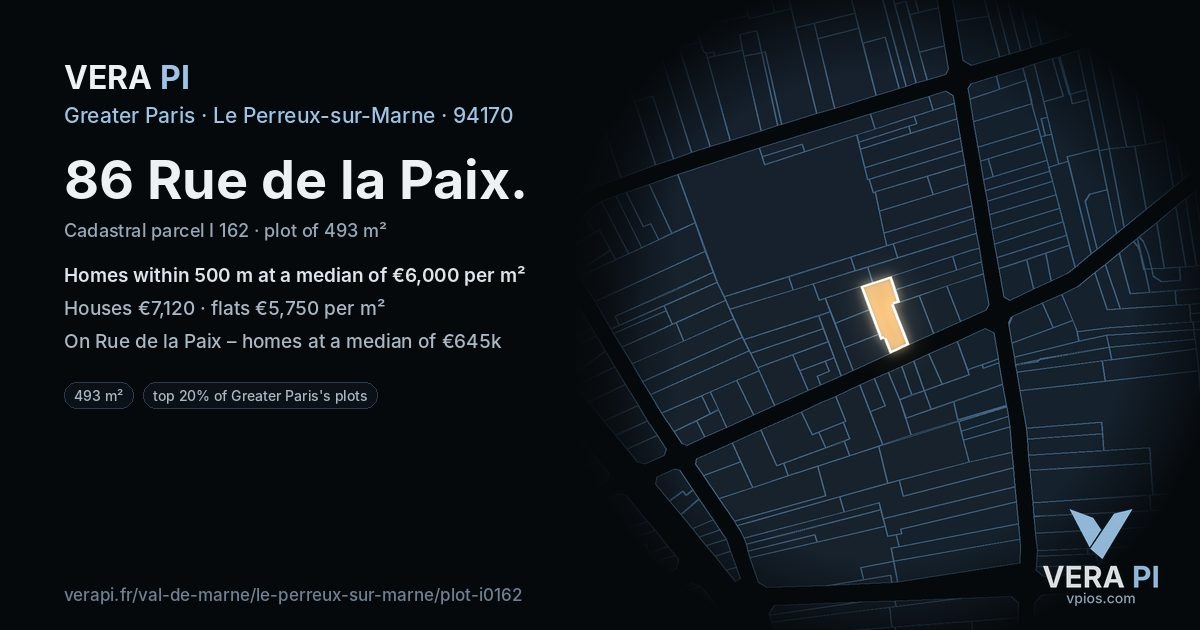 86 Rue de la Paix, Le Perreux-sur-Marne at night – the plot lit, the parcels around coloured by the prices near them