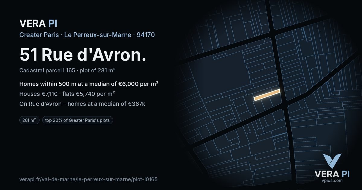 51 Rue d'Avron, Le Perreux-sur-Marne at night – the plot lit, the parcels around coloured by the prices near them