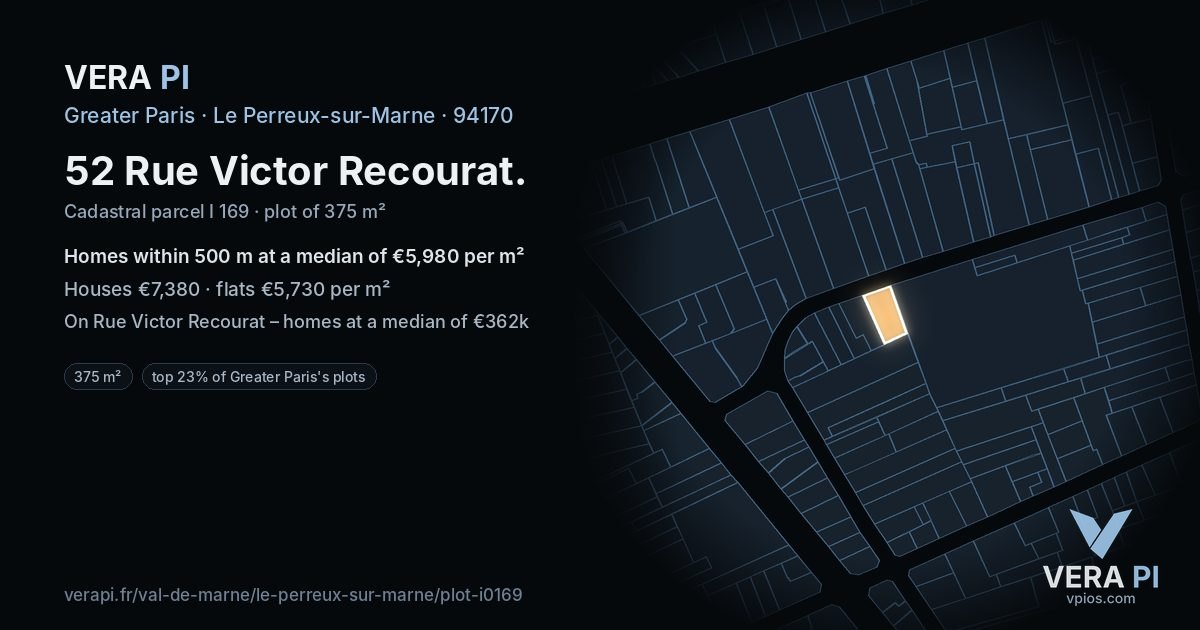 52 Rue Victor Recourat, Le Perreux-sur-Marne at night – the plot lit, the parcels around coloured by the prices near them