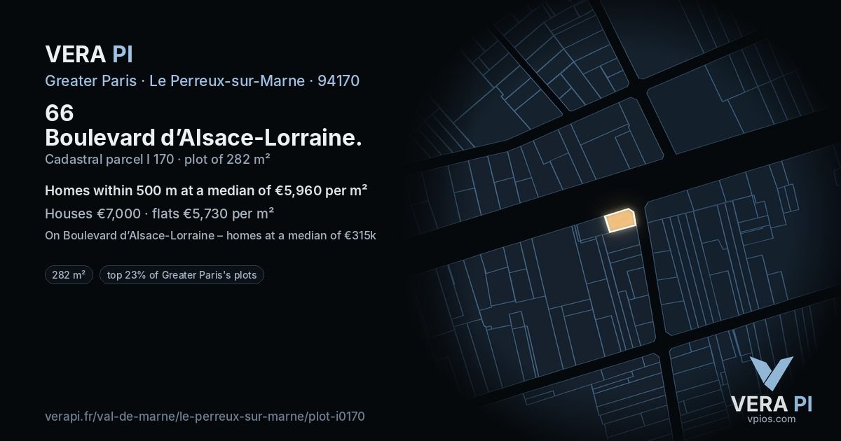 66 Boulevard d’Alsace-Lorraine, Le Perreux-sur-Marne at night – the plot lit, the parcels around coloured by the prices near them