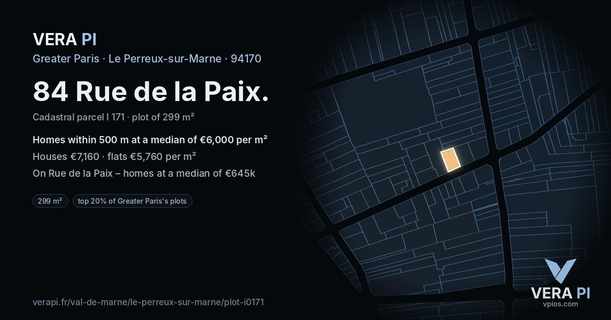 84 Rue de la Paix, Le Perreux-sur-Marne at night – the plot lit, the parcels around coloured by the prices near them