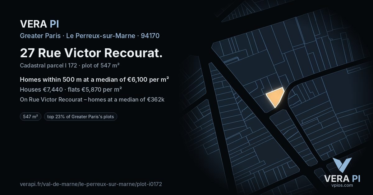 27 Rue Victor Recourat, Le Perreux-sur-Marne at night – the plot lit, the parcels around coloured by the prices near them
