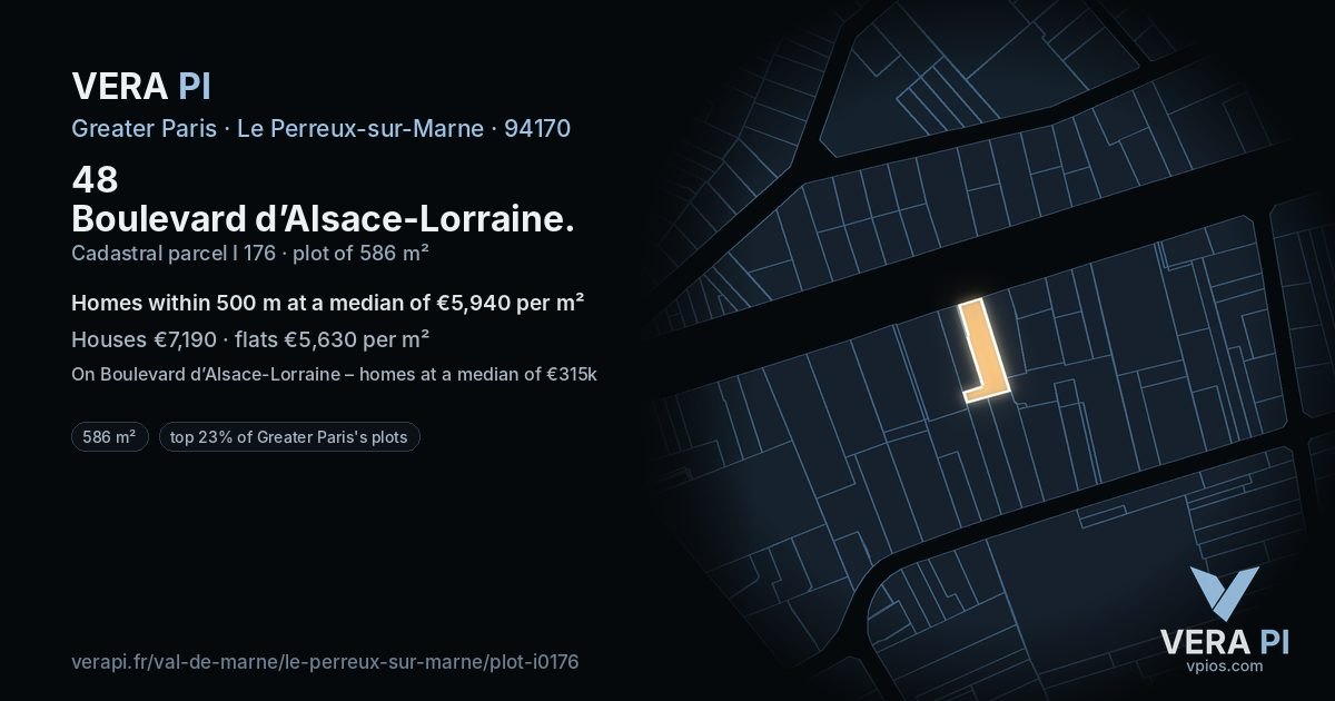 48 Boulevard d’Alsace-Lorraine, Le Perreux-sur-Marne at night – the plot lit, the parcels around coloured by the prices near them