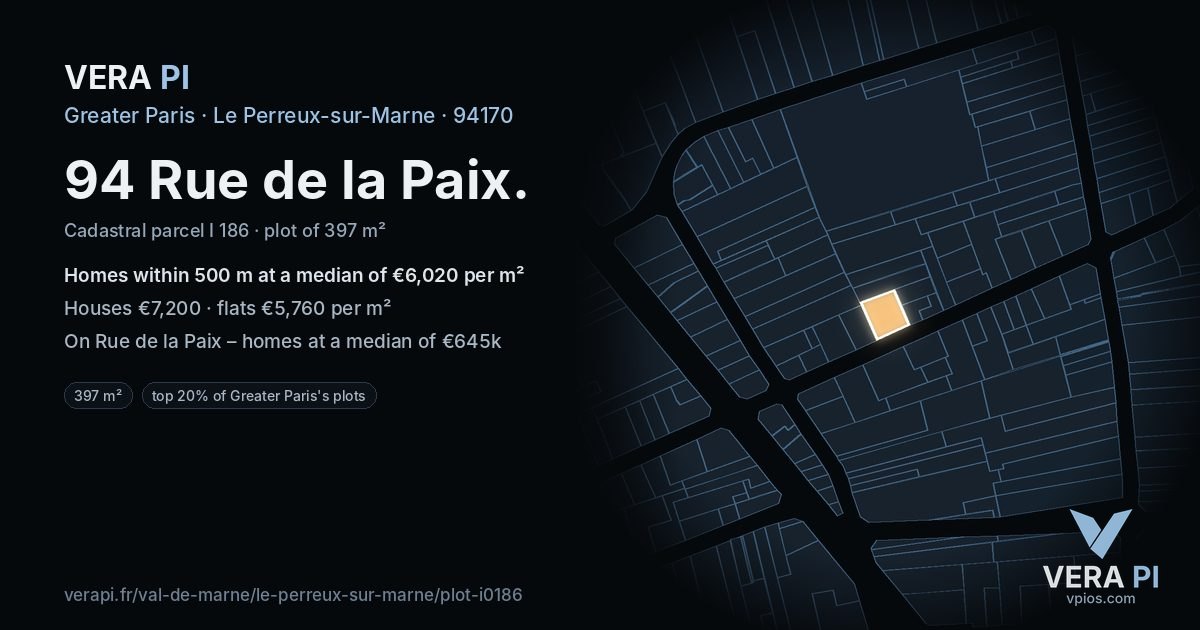 94 Rue de la Paix, Le Perreux-sur-Marne at night – the plot lit, the parcels around coloured by the prices near them