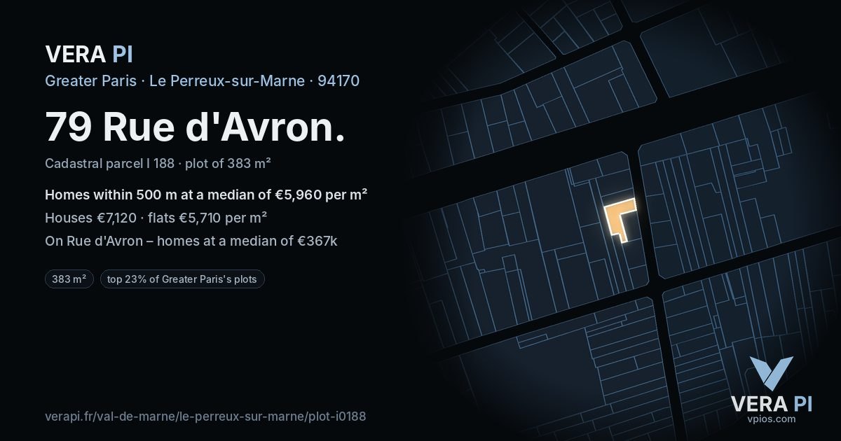 79 Rue d'Avron, Le Perreux-sur-Marne at night – the plot lit, the parcels around coloured by the prices near them