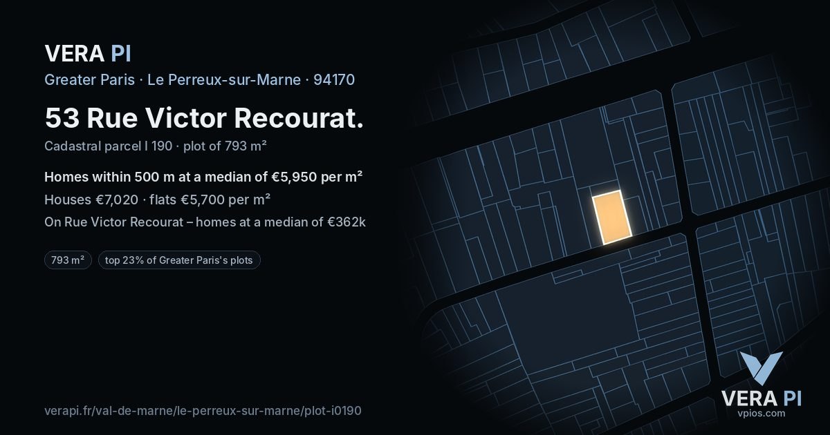 53 Rue Victor Recourat, Le Perreux-sur-Marne at night – the plot lit, the parcels around coloured by the prices near them