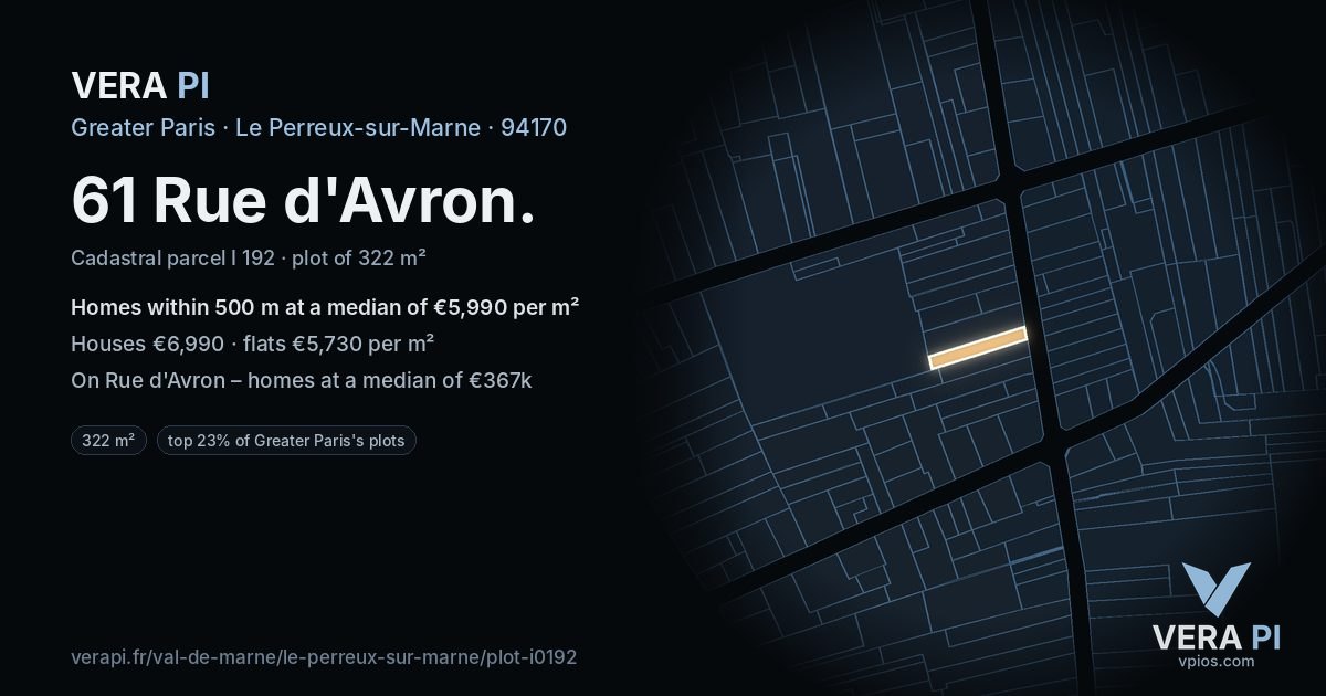 61 Rue d'Avron, Le Perreux-sur-Marne at night – the plot lit, the parcels around coloured by the prices near them