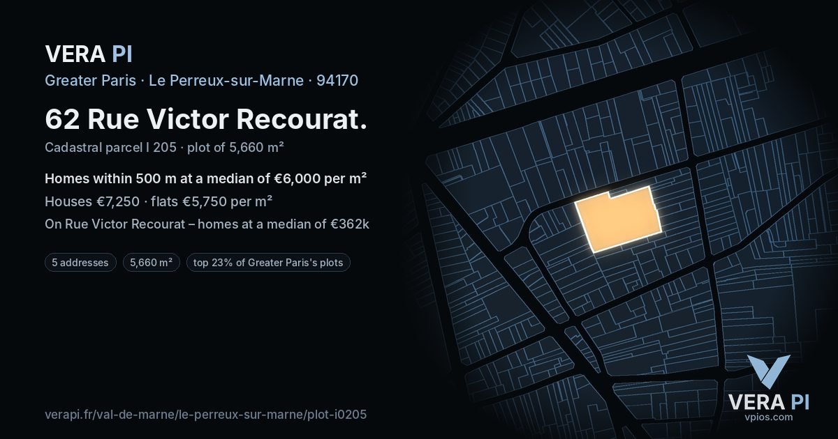 62 Rue Victor Recourat, Le Perreux-sur-Marne at night – the plot lit, the parcels around coloured by the prices near them