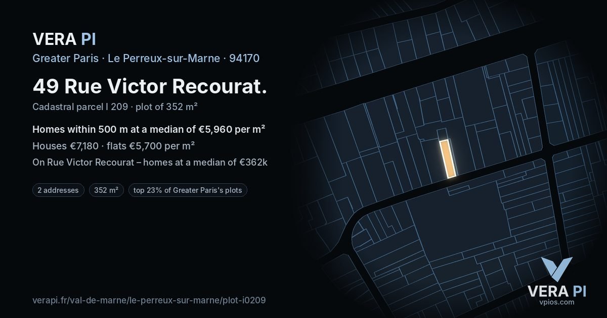 49 Rue Victor Recourat, Le Perreux-sur-Marne at night – the plot lit, the parcels around coloured by the prices near them
