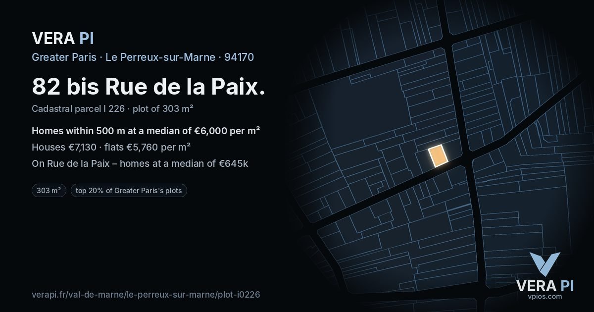 82 bis Rue de la Paix, Le Perreux-sur-Marne at night – the plot lit, the parcels around coloured by the prices near them