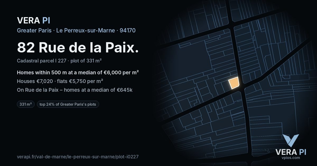 82 Rue de la Paix, Le Perreux-sur-Marne at night – the plot lit, the parcels around coloured by the prices near them