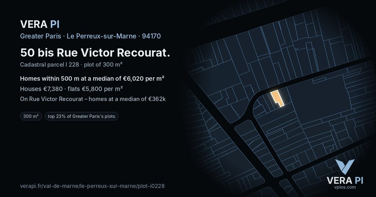 50 bis Rue Victor Recourat, Le Perreux-sur-Marne at night – the plot lit, the parcels around coloured by the prices near them