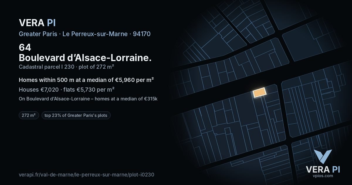 64 Boulevard d’Alsace-Lorraine, Le Perreux-sur-Marne at night – the plot lit, the parcels around coloured by the prices near them