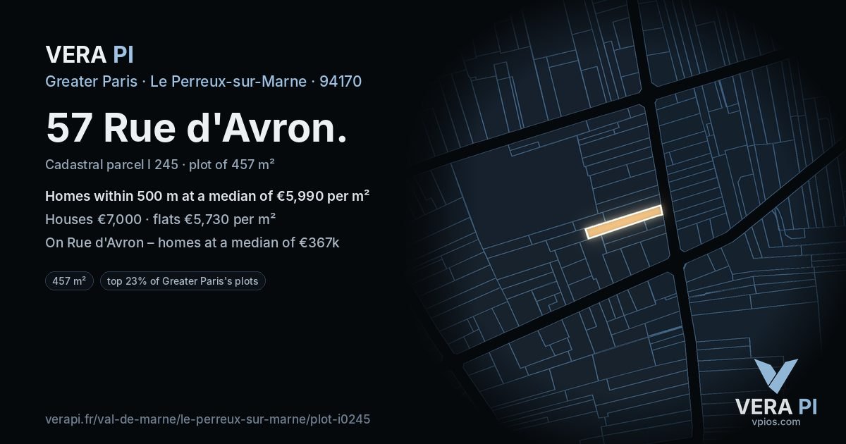 57 Rue d'Avron, Le Perreux-sur-Marne at night – the plot lit, the parcels around coloured by the prices near them