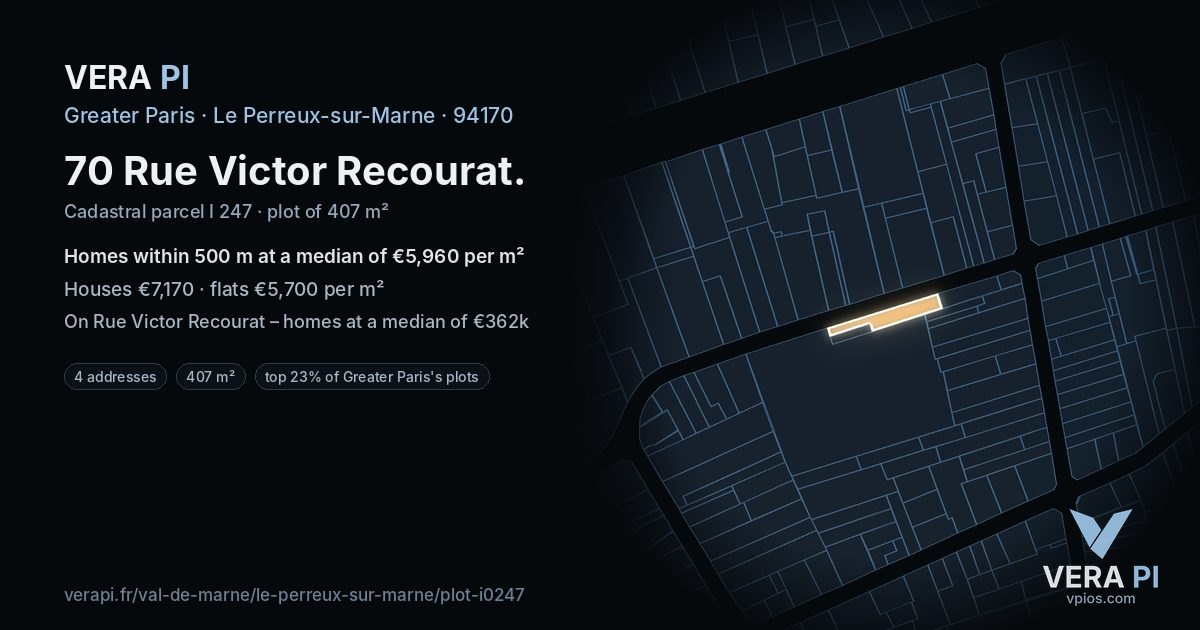 70 Rue Victor Recourat, Le Perreux-sur-Marne at night – the plot lit, the parcels around coloured by the prices near them