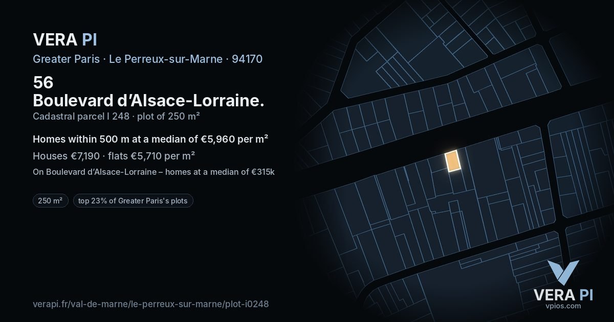 56 Boulevard d’Alsace-Lorraine, Le Perreux-sur-Marne at night – the plot lit, the parcels around coloured by the prices near them