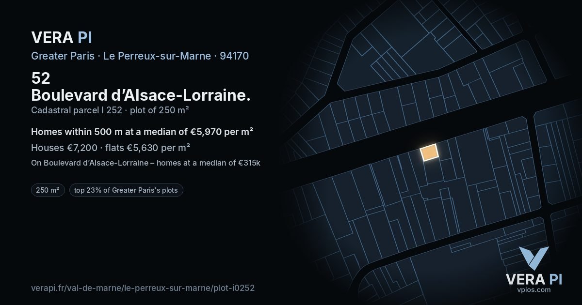 52 Boulevard d’Alsace-Lorraine, Le Perreux-sur-Marne at night – the plot lit, the parcels around coloured by the prices near them