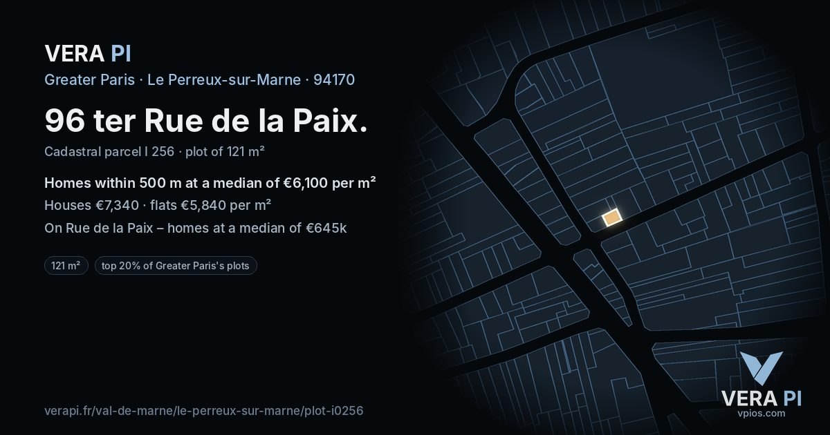 96 ter Rue de la Paix, Le Perreux-sur-Marne at night – the plot lit, the parcels around coloured by the prices near them
