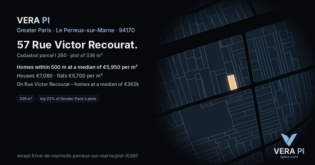 57 Rue Victor Recourat, Le Perreux-sur-Marne at night – the plot lit, the parcels around coloured by the prices near them
