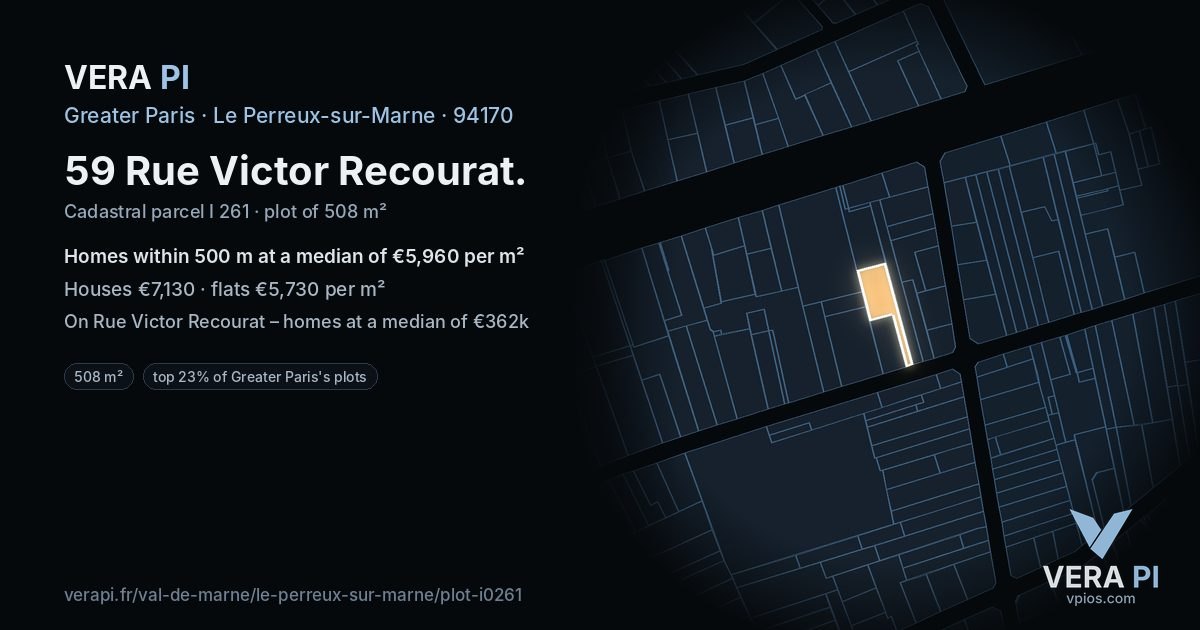 59 Rue Victor Recourat, Le Perreux-sur-Marne at night – the plot lit, the parcels around coloured by the prices near them