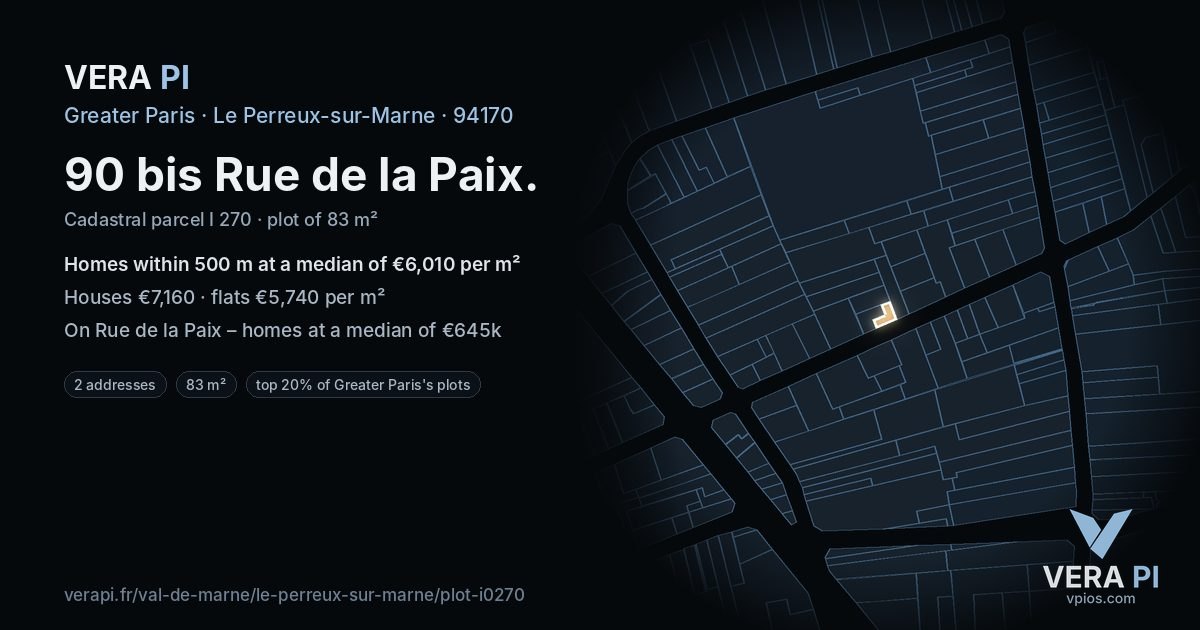 90 bis Rue de la Paix, Le Perreux-sur-Marne at night – the plot lit, the parcels around coloured by the prices near them