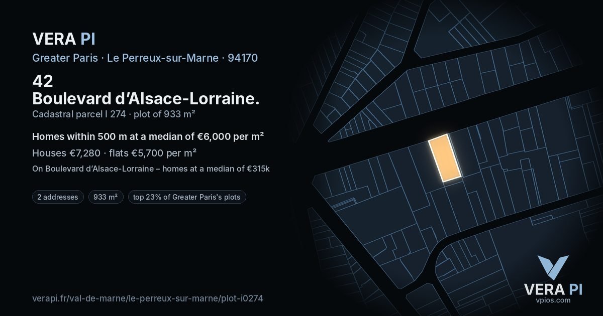 42 Boulevard d’Alsace-Lorraine, Le Perreux-sur-Marne at night – the plot lit, the parcels around coloured by the prices near them