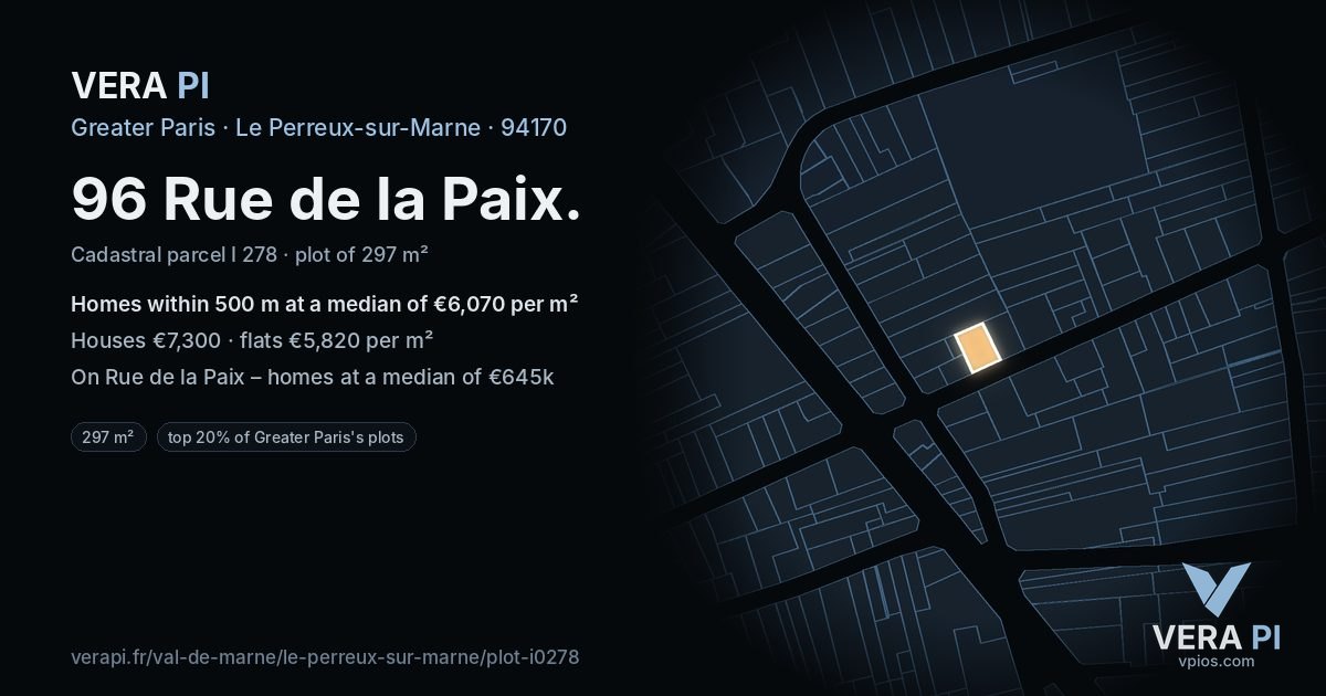 96 Rue de la Paix, Le Perreux-sur-Marne at night – the plot lit, the parcels around coloured by the prices near them