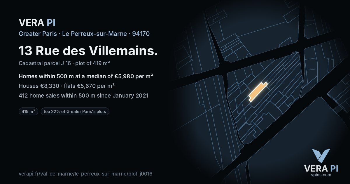 13 Rue des Villemains, Le Perreux-sur-Marne at night – the plot lit, the parcels around coloured by the prices near them
