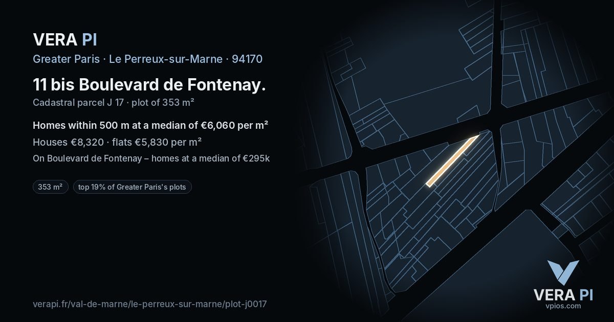 11 bis Boulevard de Fontenay, Le Perreux-sur-Marne at night – the plot lit, the parcels around coloured by the prices near them