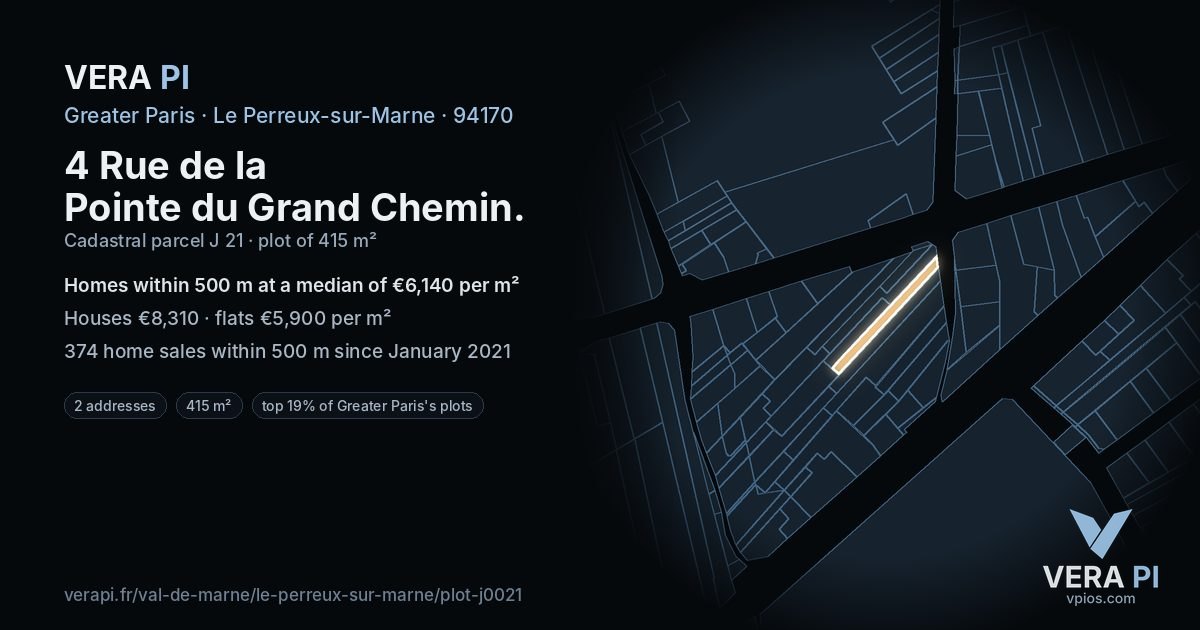 4 Rue de la Pointe du Grand Chemin, Le Perreux-sur-Marne at night – the plot lit, the parcels around coloured by the prices near them