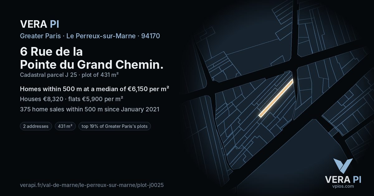 6 Rue de la Pointe du Grand Chemin, Le Perreux-sur-Marne at night – the plot lit, the parcels around coloured by the prices near them