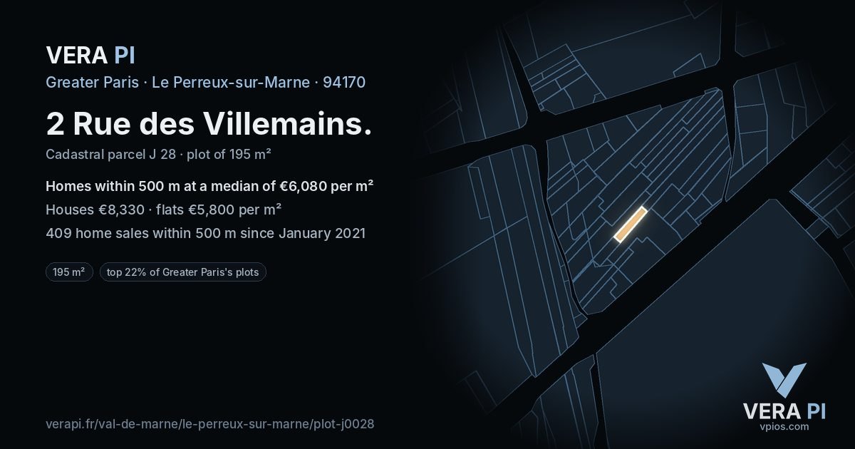 2 Rue des Villemains, Le Perreux-sur-Marne at night – the plot lit, the parcels around coloured by the prices near them