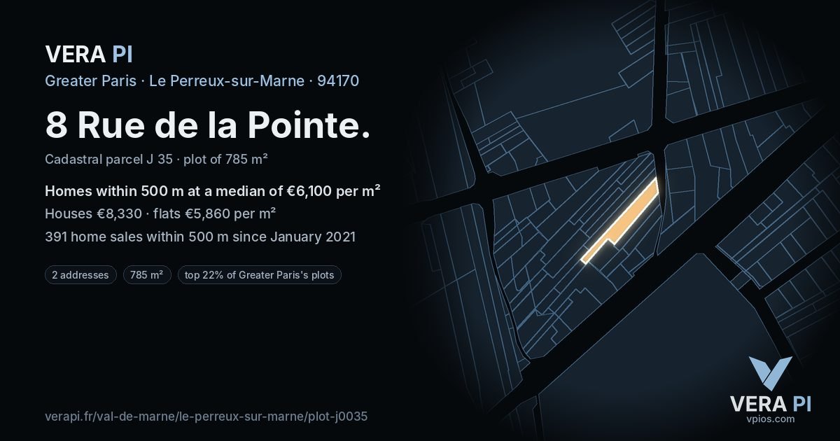 8 Rue de la Pointe, Le Perreux-sur-Marne at night – the plot lit, the parcels around coloured by the prices near them