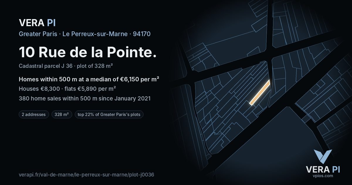 10 Rue de la Pointe, Le Perreux-sur-Marne at night – the plot lit, the parcels around coloured by the prices near them