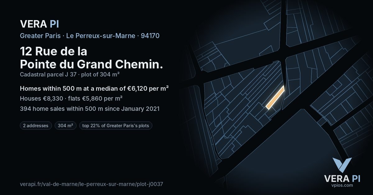 12 Rue de la Pointe du Grand Chemin, Le Perreux-sur-Marne at night – the plot lit, the parcels around coloured by the prices near them