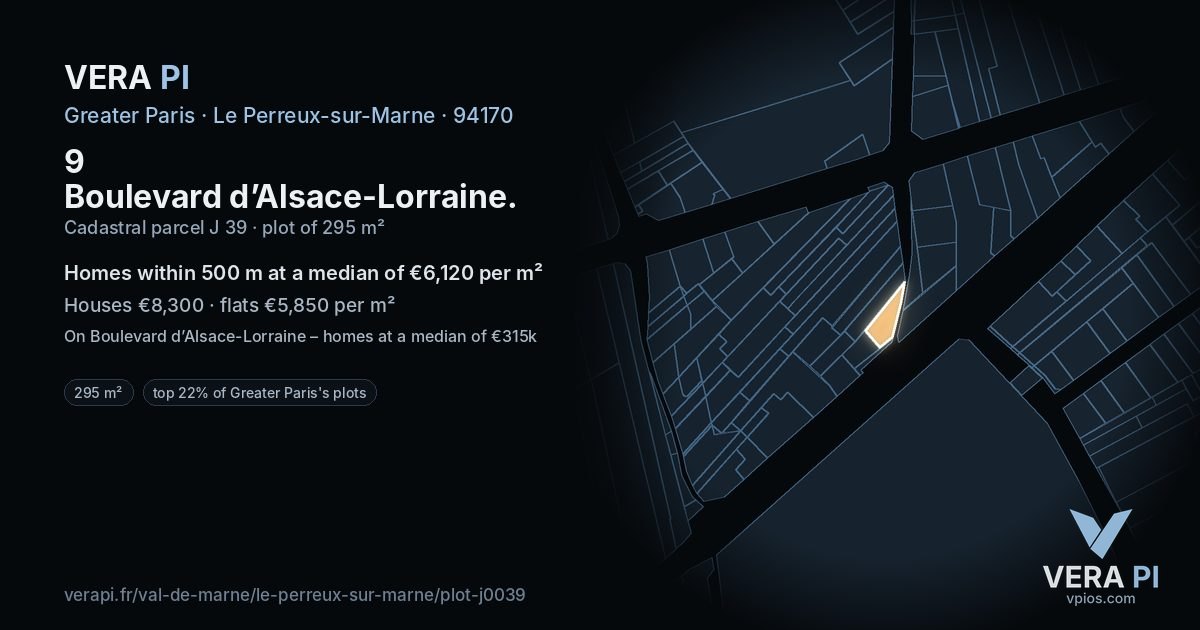 9 Boulevard d’Alsace-Lorraine, Le Perreux-sur-Marne at night – the plot lit, the parcels around coloured by the prices near them