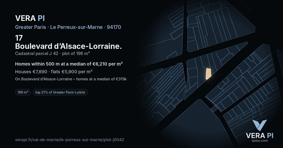 17 Boulevard d’Alsace-Lorraine, Le Perreux-sur-Marne at night – the plot lit, the parcels around coloured by the prices near them