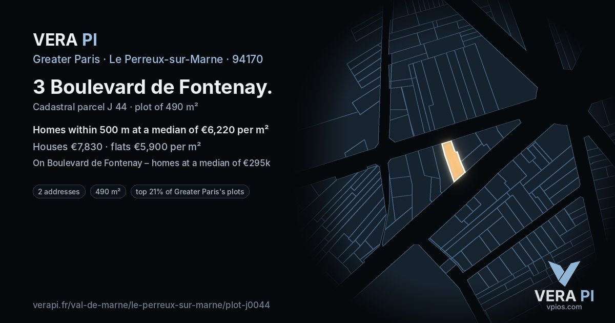 3 Boulevard de Fontenay, Le Perreux-sur-Marne at night – the plot lit, the parcels around coloured by the prices near them