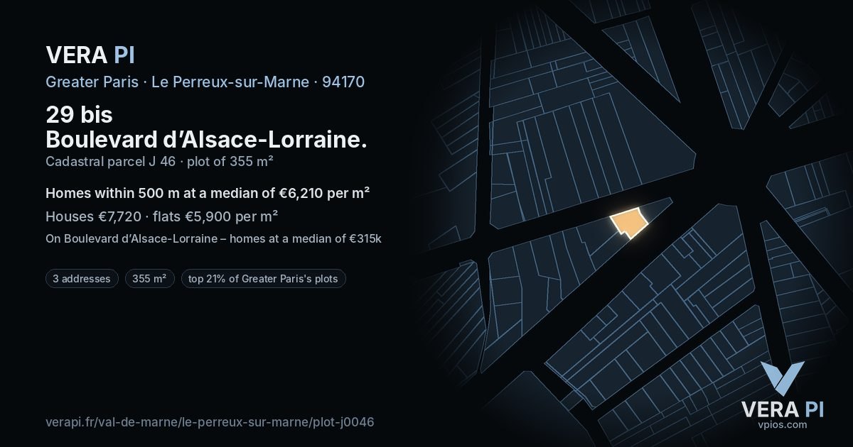 29 bis Boulevard d’Alsace-Lorraine, Le Perreux-sur-Marne at night – the plot lit, the parcels around coloured by the prices near them