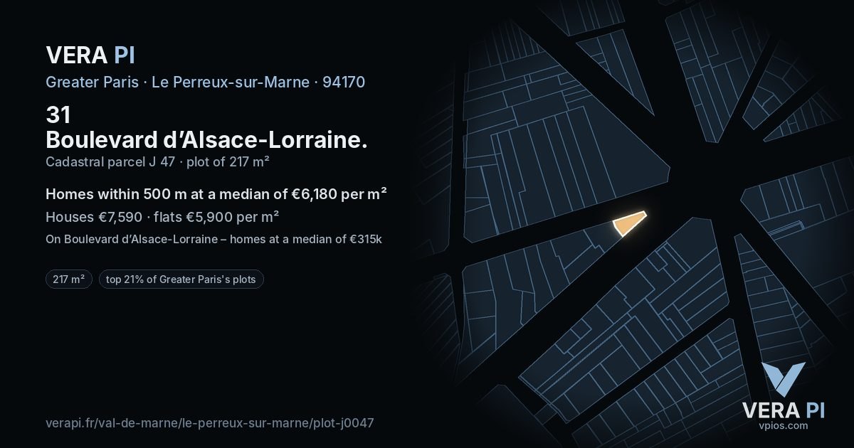 31 Boulevard d’Alsace-Lorraine, Le Perreux-sur-Marne at night – the plot lit, the parcels around coloured by the prices near them