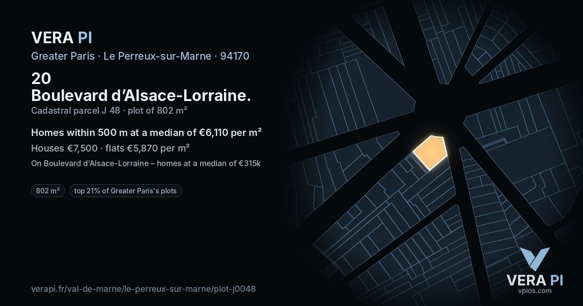 20 Boulevard d’Alsace-Lorraine, Le Perreux-sur-Marne at night – the plot lit, the parcels around coloured by the prices near them